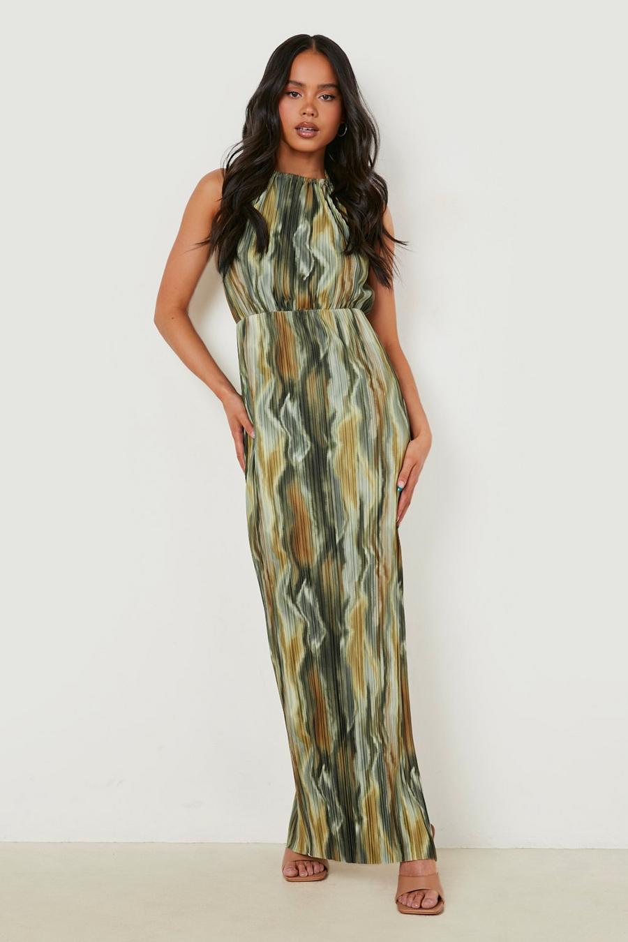 Green Petite Printed Plisse Pleated Thigh Split Maxi Dress image number 1