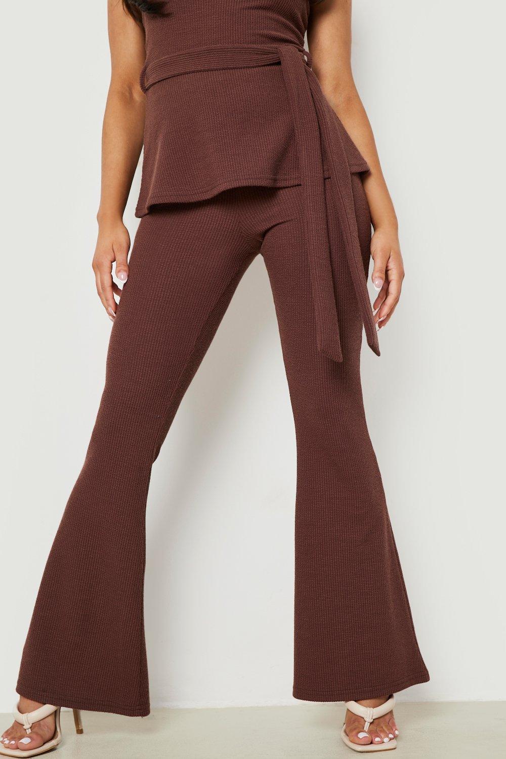 High Waist Brown Ripple Flare Trouser