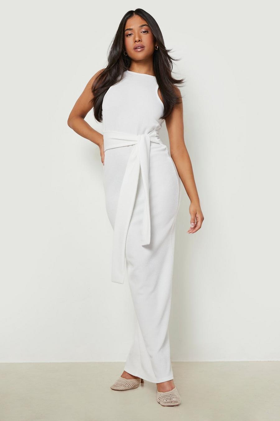 White Petite Ripple Rib Racer Tie Front Maxi Dress image number 1
