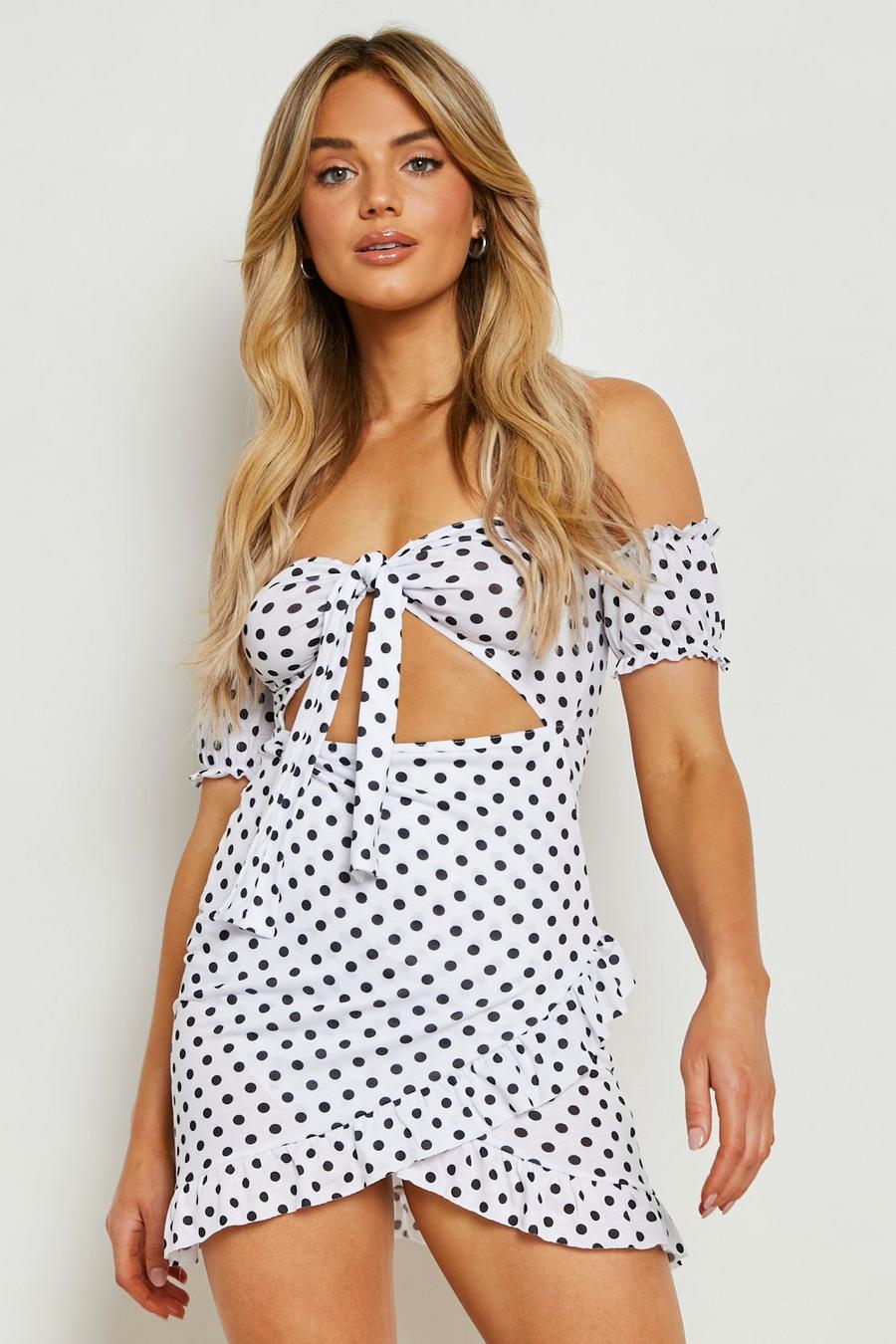 White Polka Dot Cut Out Tie Sundress image number 1