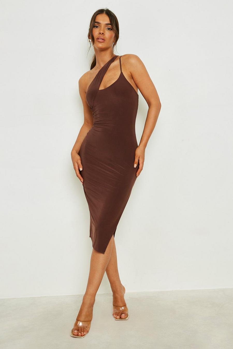 Chocolate One Shoulder Strappy Midi Dress image number 1