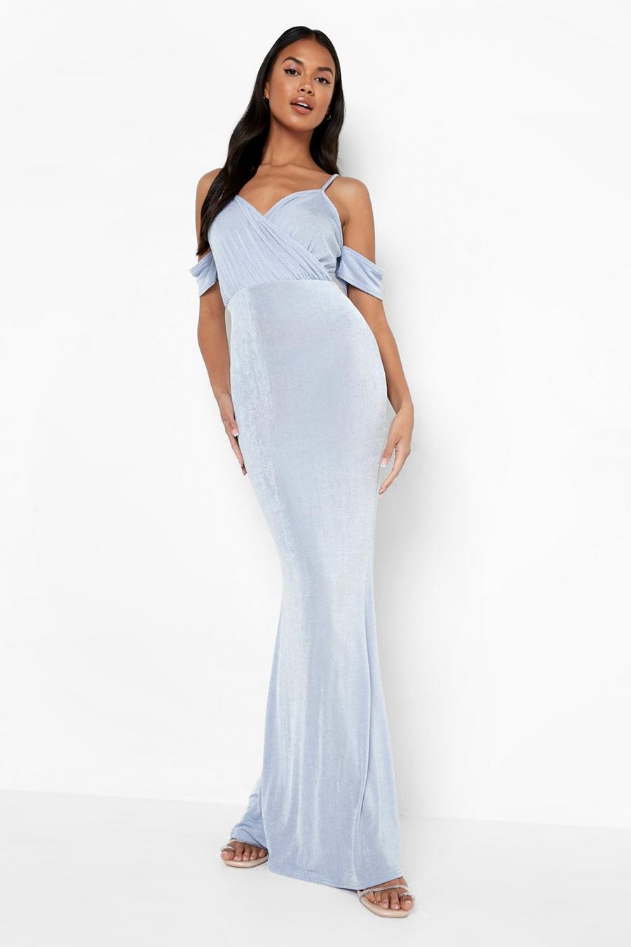 Light blue Textured Slinky Drape Sleeve Bridesmaid Dress image number 1