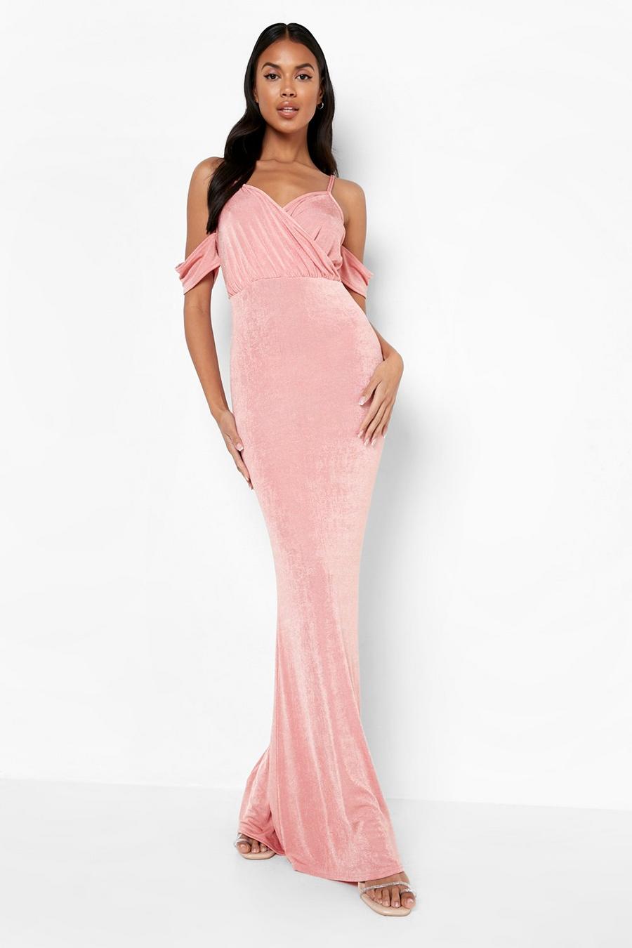 Rose pink Textured Slinky Drape Sleeve Bridesmaid Dress