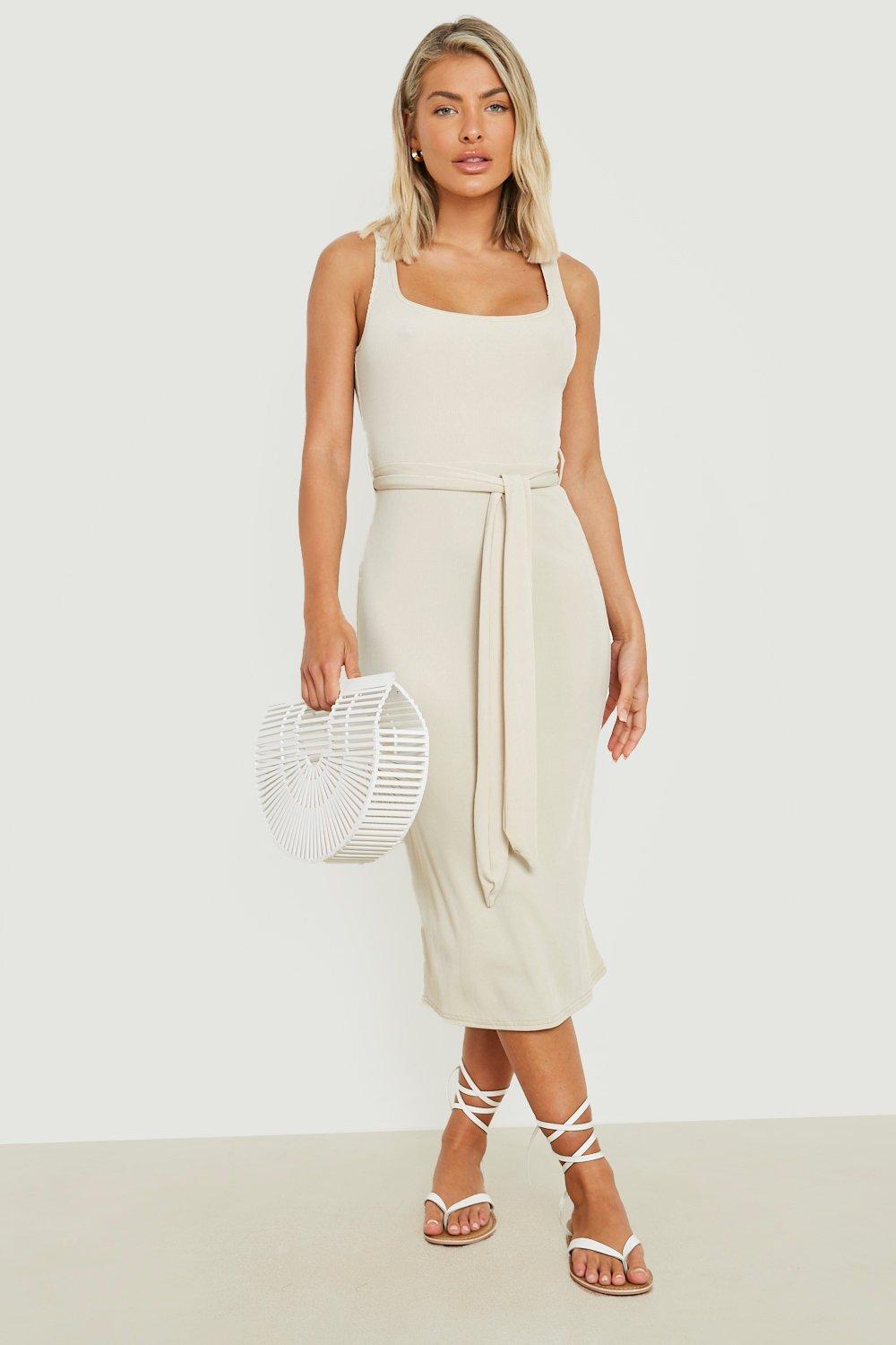 Ribbed Belted Basic Midi Dress | Boohoo