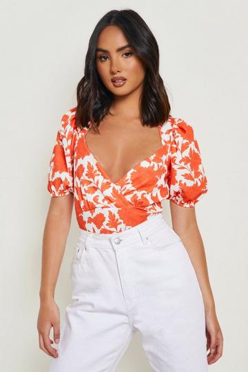 Floral Print Wrap Puff Sleeve Bodysuit orange