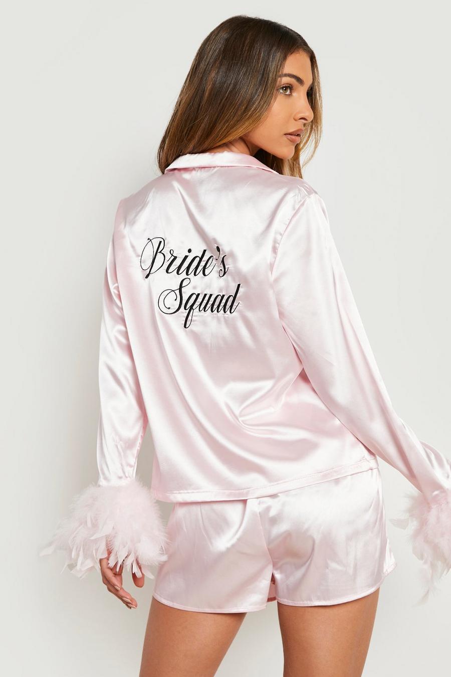 Premium Bride‘s Squad Satin Shorts-Set mit Federn, Rose gold métallique