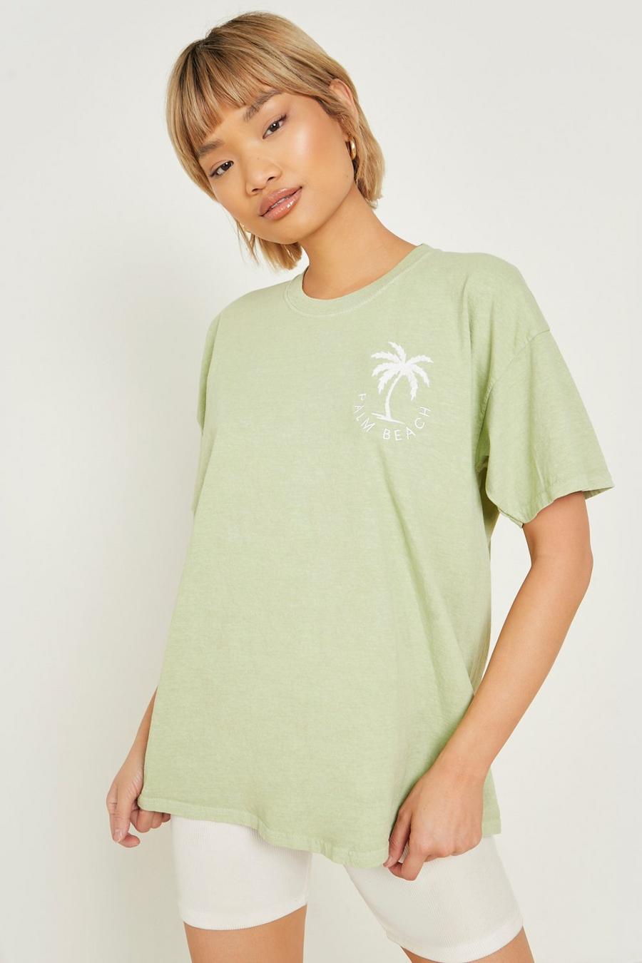 Light green Palm Embroidered Overdyed Oversized T Shirt image number 1