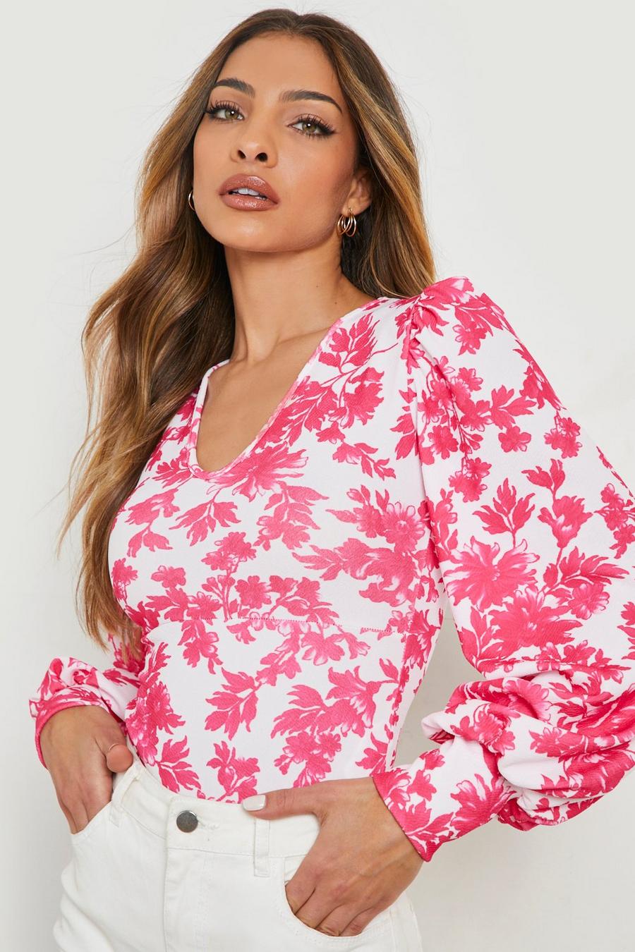 Pink Floral Volume Sleeve Bodysuit image number 1