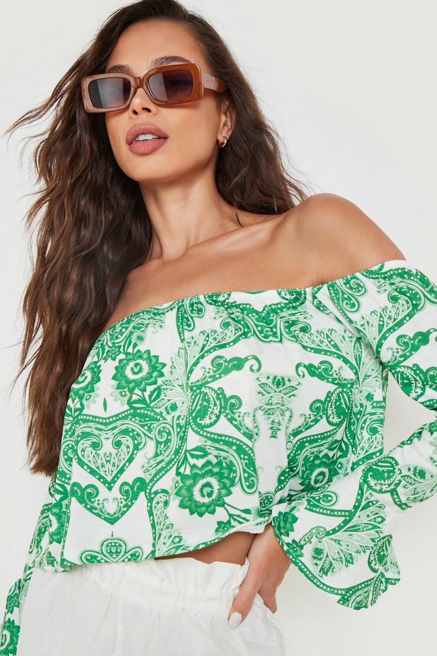 Green Paisley Off The Shoulder Flare Sleeve Top image number 1