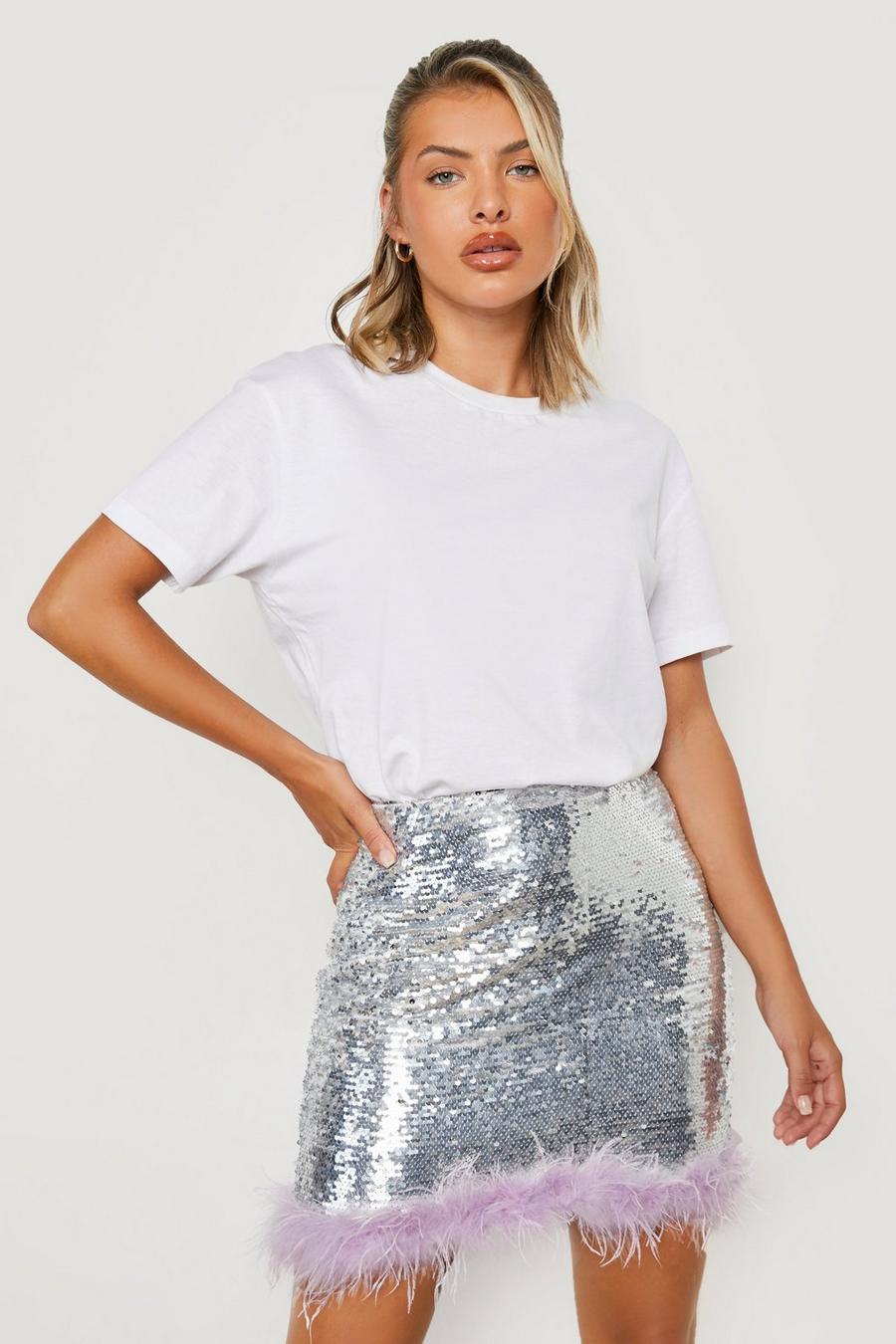 Silver Feather Trim Sequin Mini Skirt image number 1