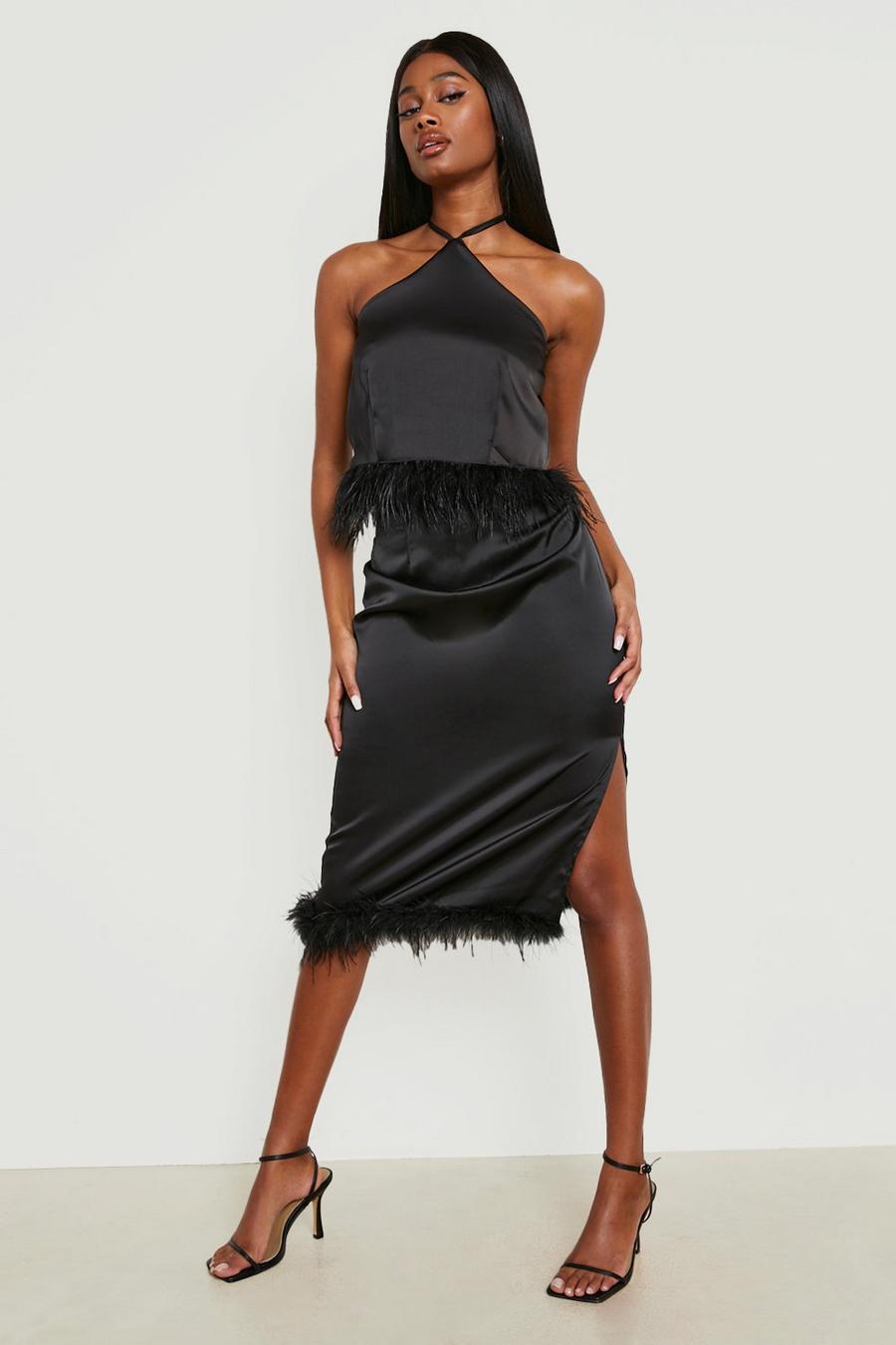 Black Split Side Feather Trim Midi Skirt image number 1