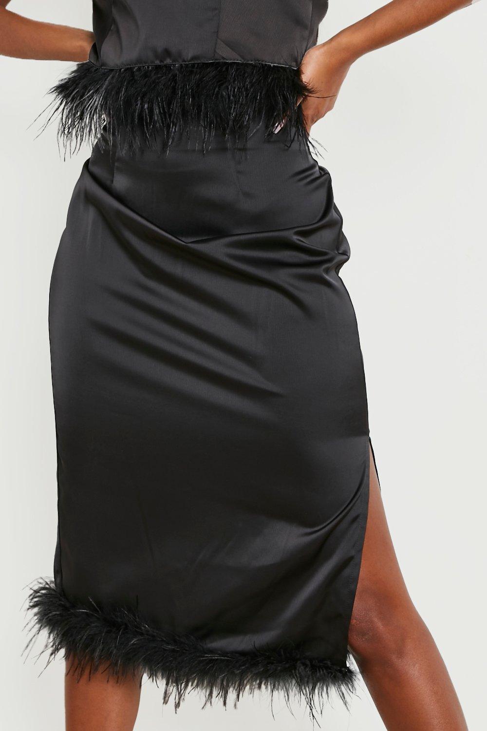 Split Side Feather Trim Midi Skirt boohoo