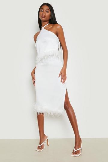 Split Side Feather Trim Midi Skirt ivory