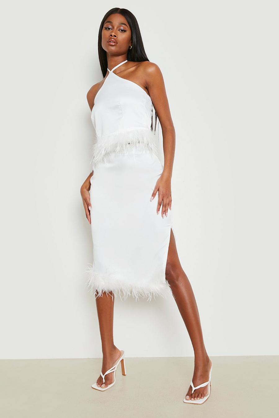 Ivory blanco Split Side Feather Trim Midi Skirt