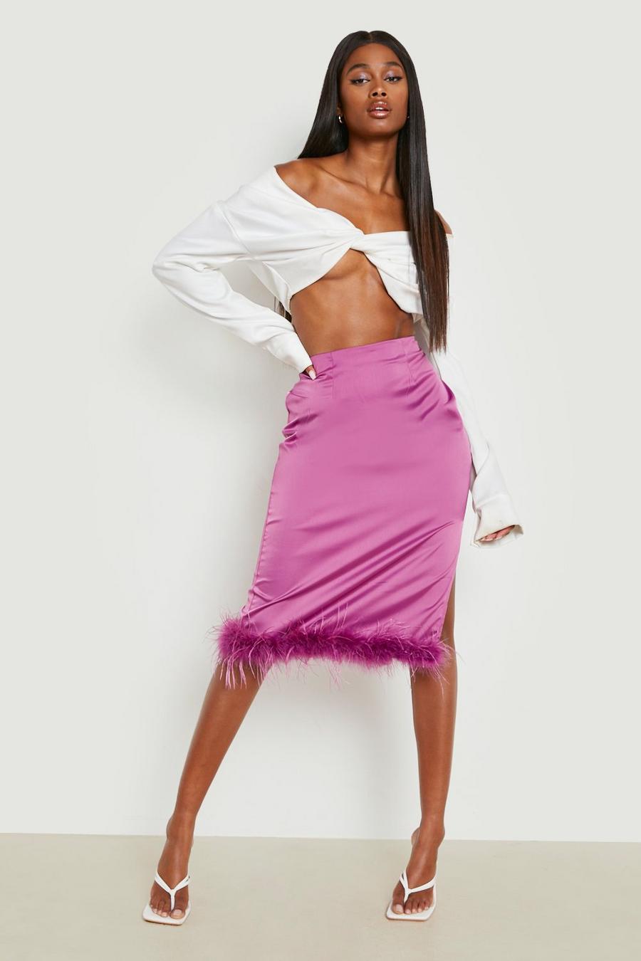 Purple Split Side Feather Trim Midi Skirt