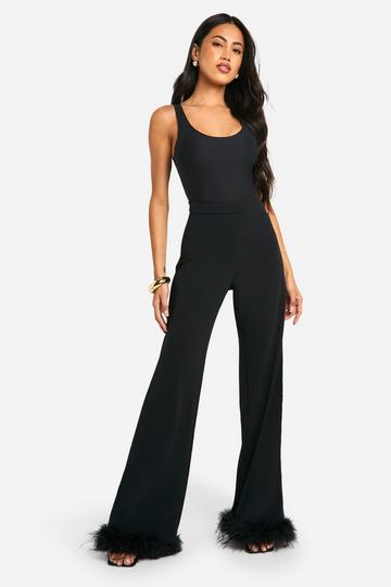 High Waist Slim Fit Broek Met Veren Zoom black