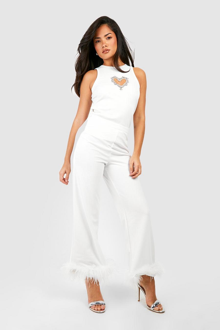 White Feather Hem High Waisted Slim Fit Trousers image number 1