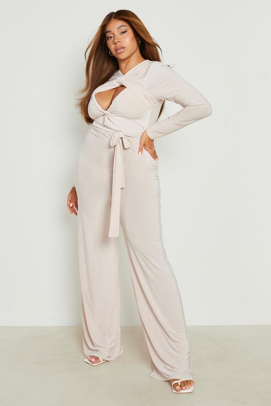 Stone beis Plus Double Knot Belted Wide Leg Jumpsuit 