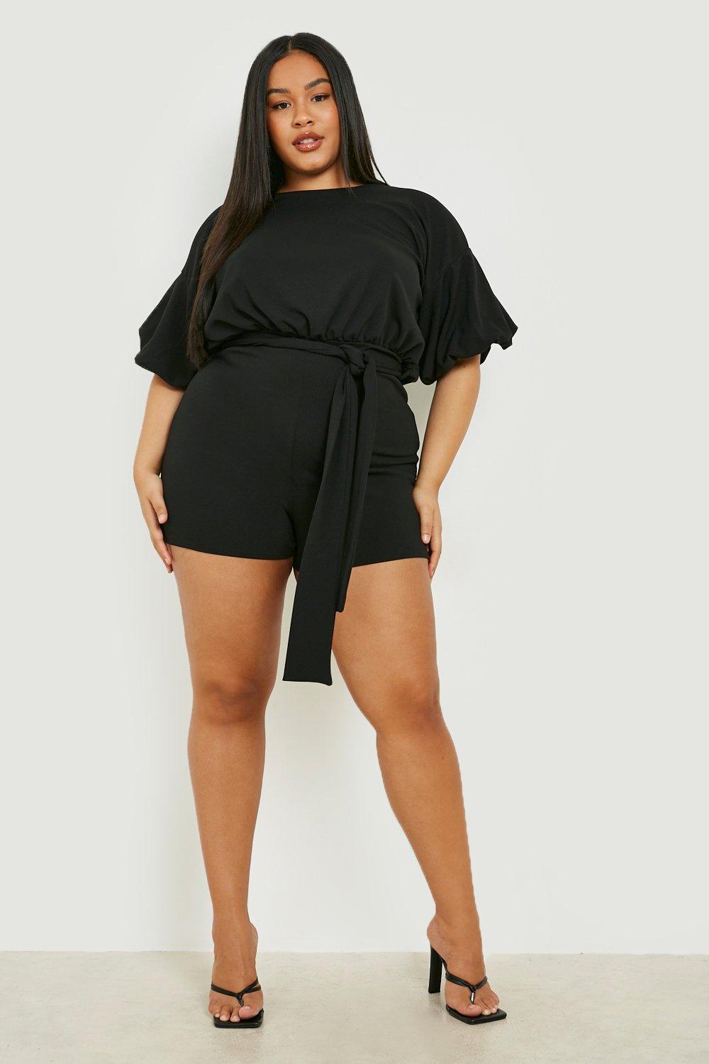 Womens Clothing Jumpsuits and rompers Playsuits Boohoo Plus Puff Sleeve Tie Front Romper in Black 