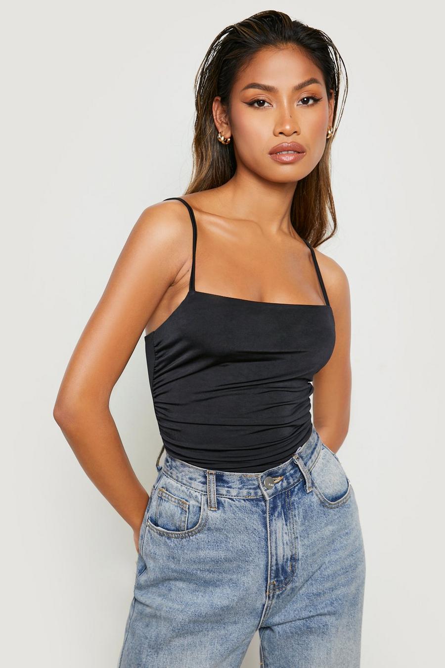 Black Ruched Detail Strappy Square Neck Bodysuit 