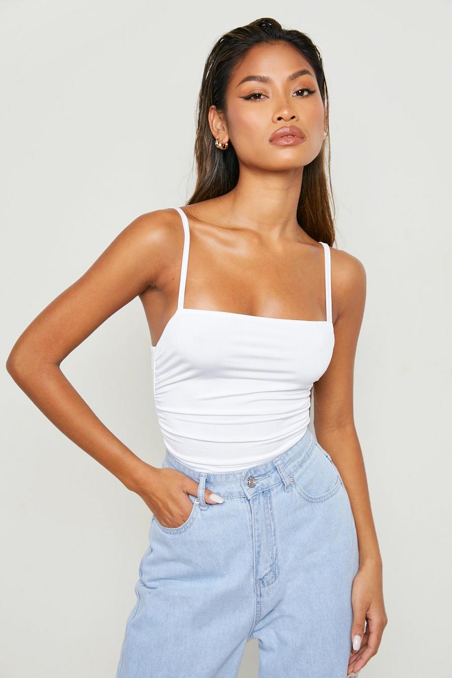 White Ruched Detail Strappy Square Neck Bodysuit  image number 1