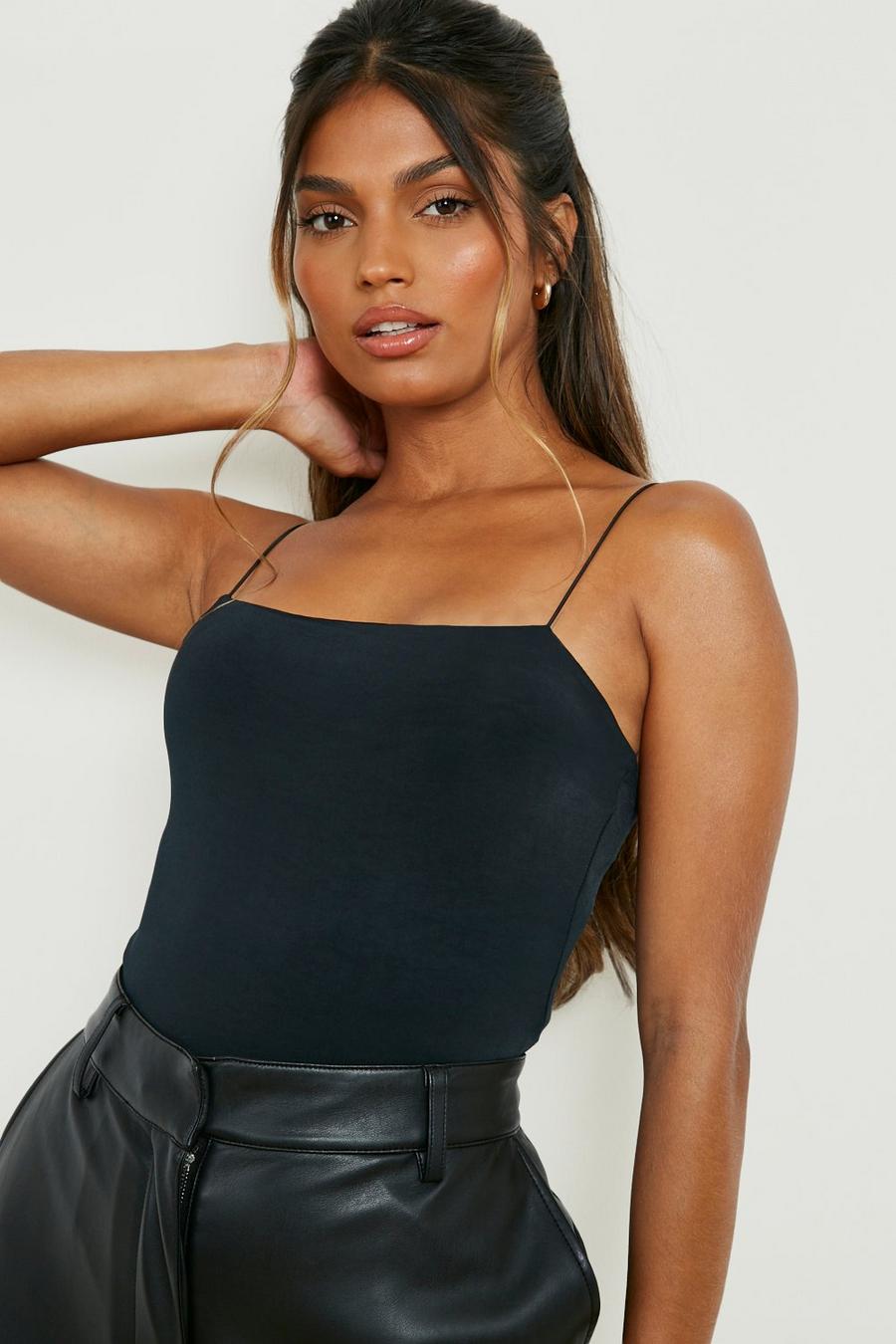 Black Strappy Square Neck Double Layer Bodysuit  image number 1