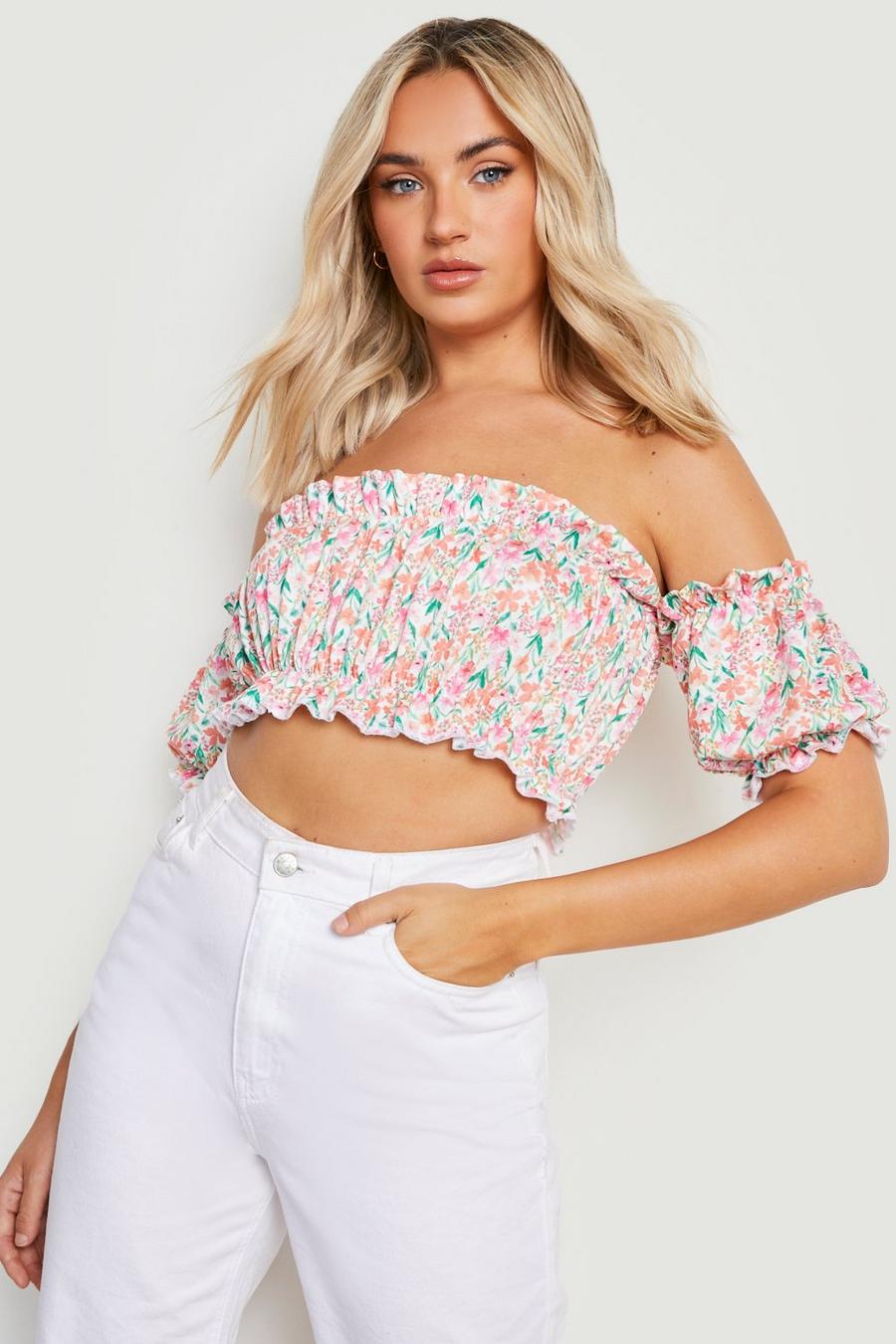 Green Floral Puff Sleeve Off The Shoulder Top image number 1