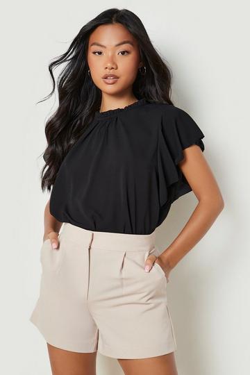 Petite Woven Frill Sleeve And Neck Blouse black