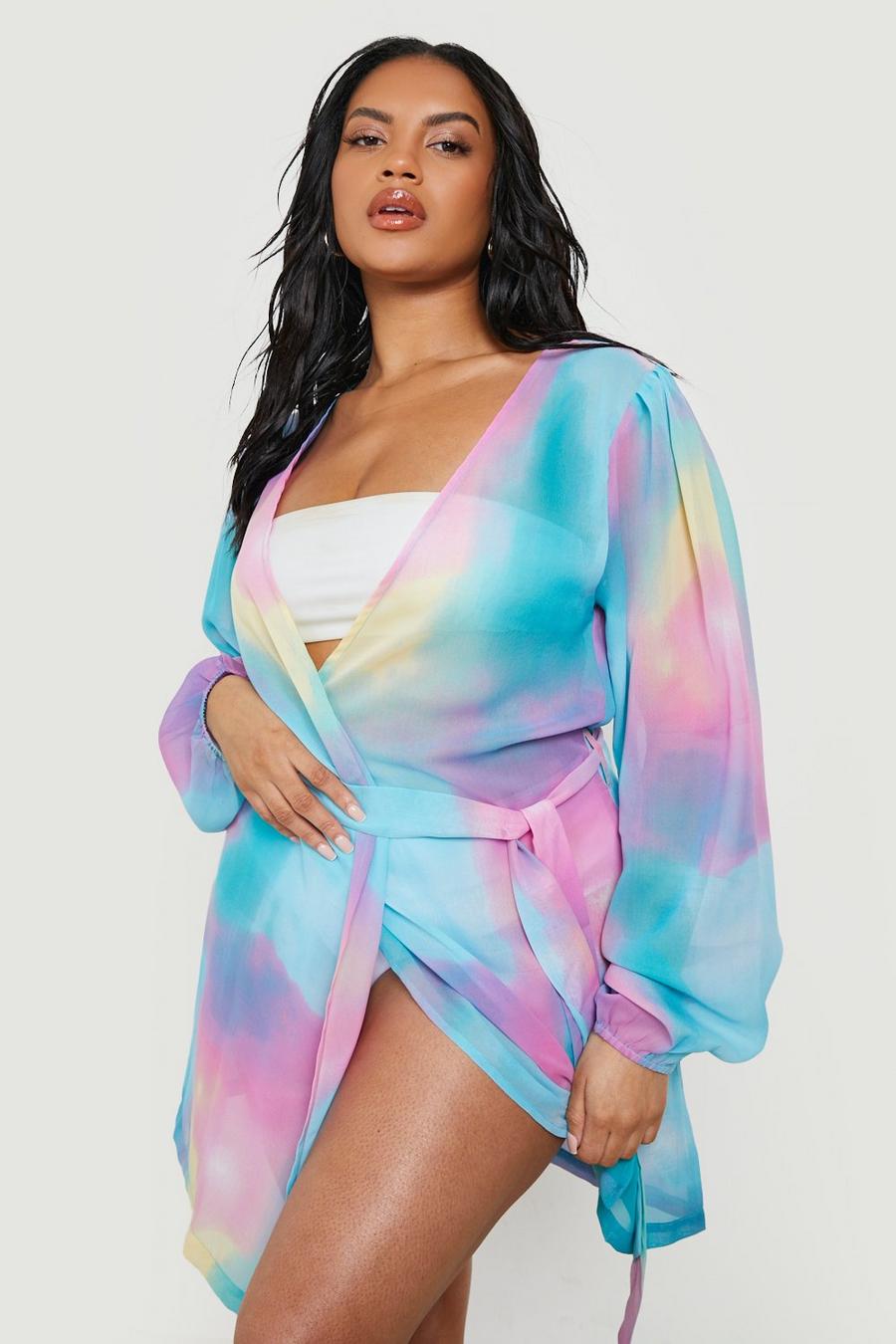 Kimono Plus para la playa de chifón con cinturón y desteñido anudado, Multi