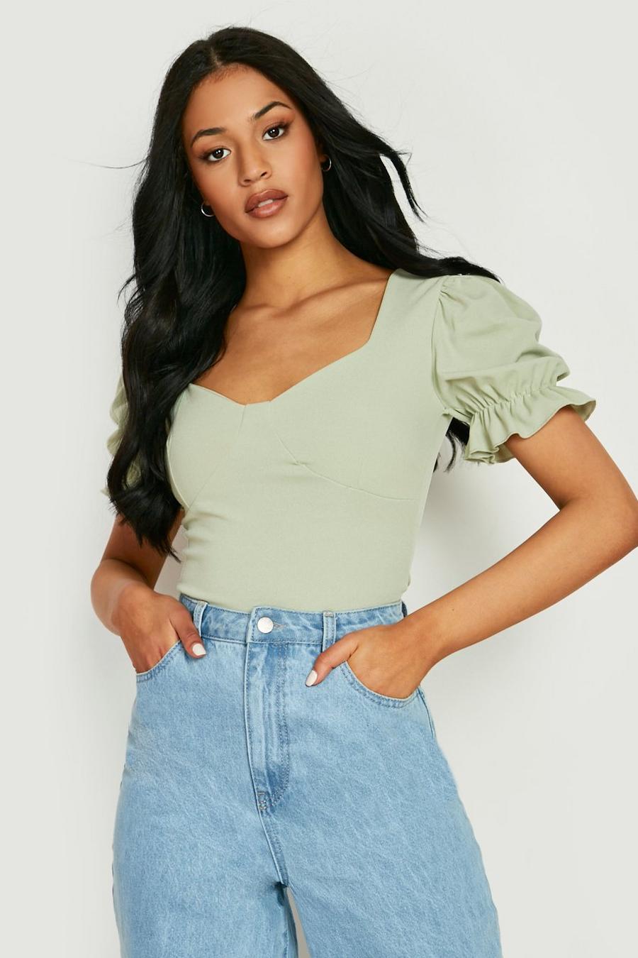 Sage green Tall Crepe Sweetheart Puff Sleeve Bodysuit image number 1