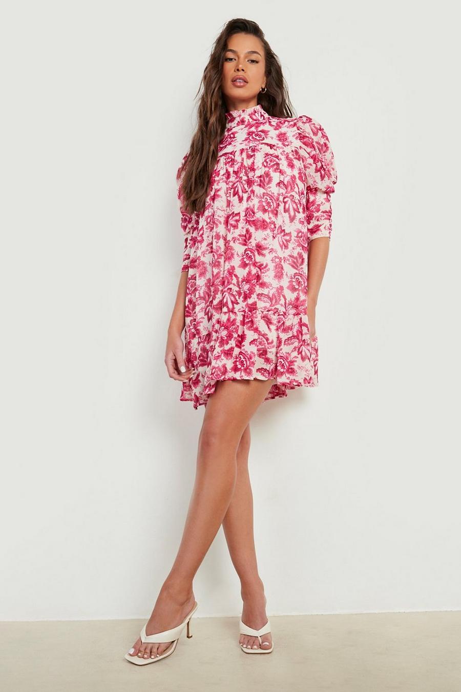 Hot pink Gesmokte Paisley Jurk Met Pofmouwen En Geplooide Hals image number 1