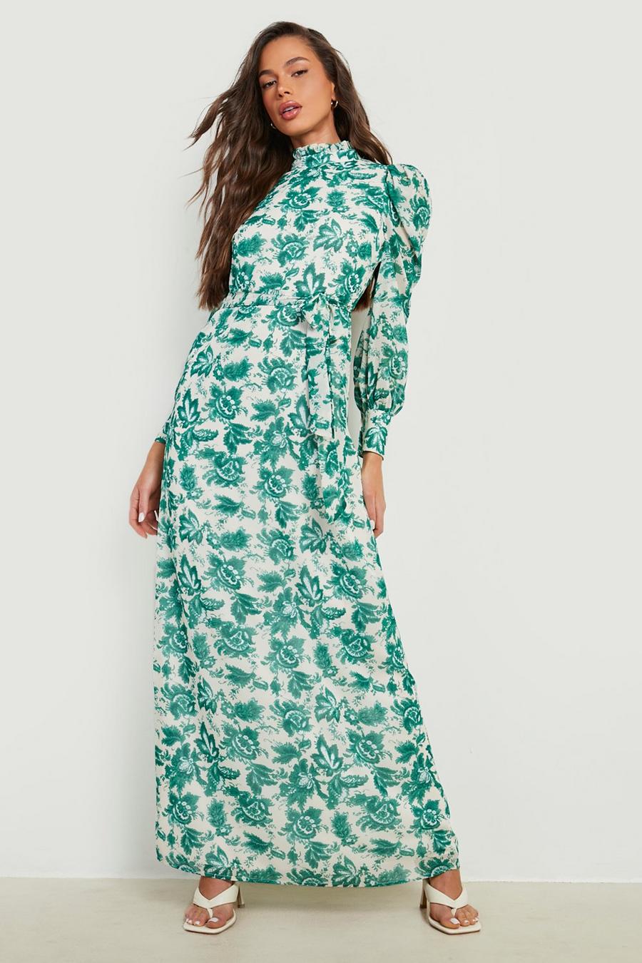 Green Paisley Print Open Back Maxi Dress image number 1