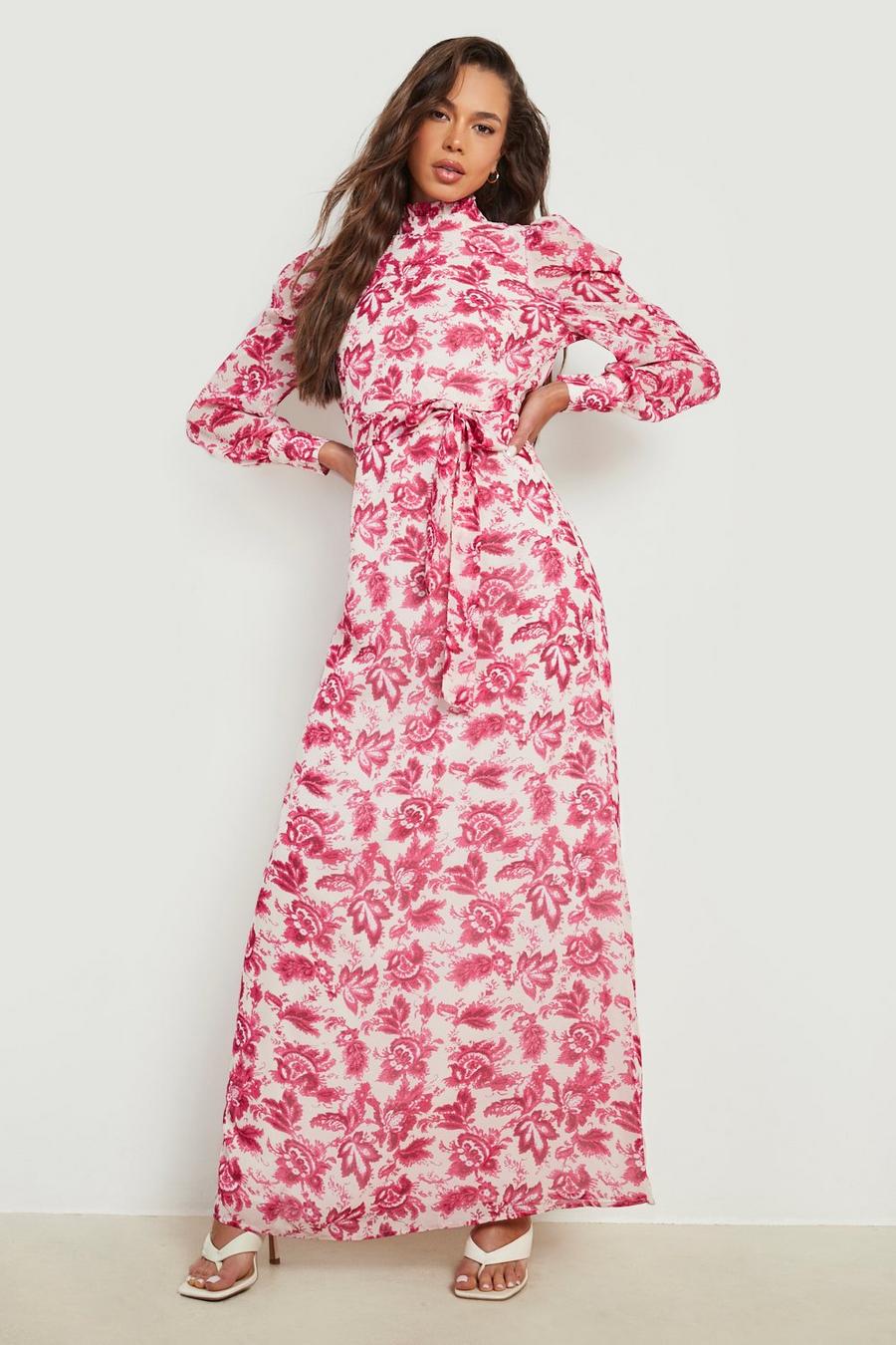 Hot pink Mönstrad långklänning med öppen rygg image number 1