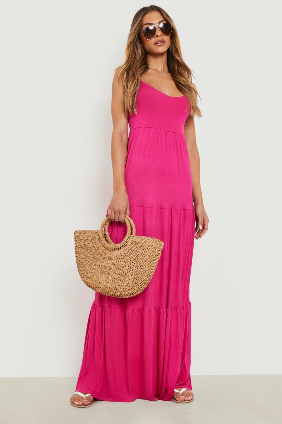 Fuchsia pink V Neck Tiered Maxi Dress image number 1