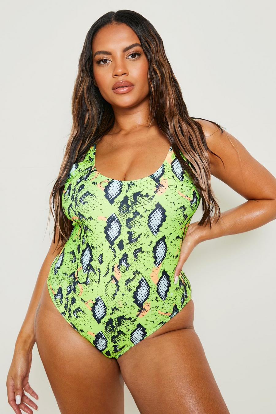 Lime green Plus Neon Snake Scoop Swimsuit image number 1