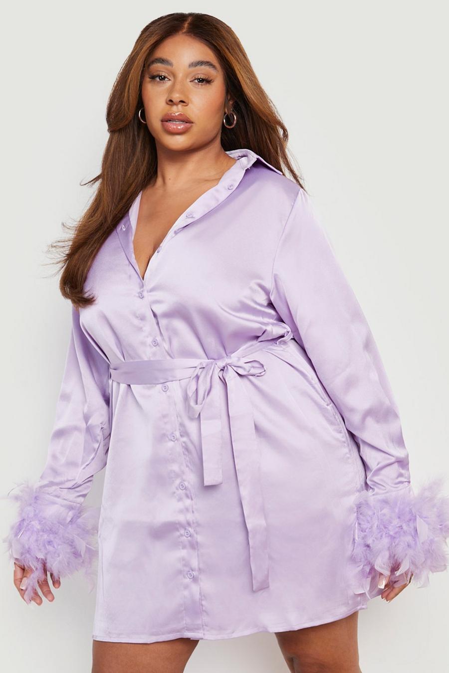 Lilac Plus Feather Satin Tie Belt Shirt Dress image number 1