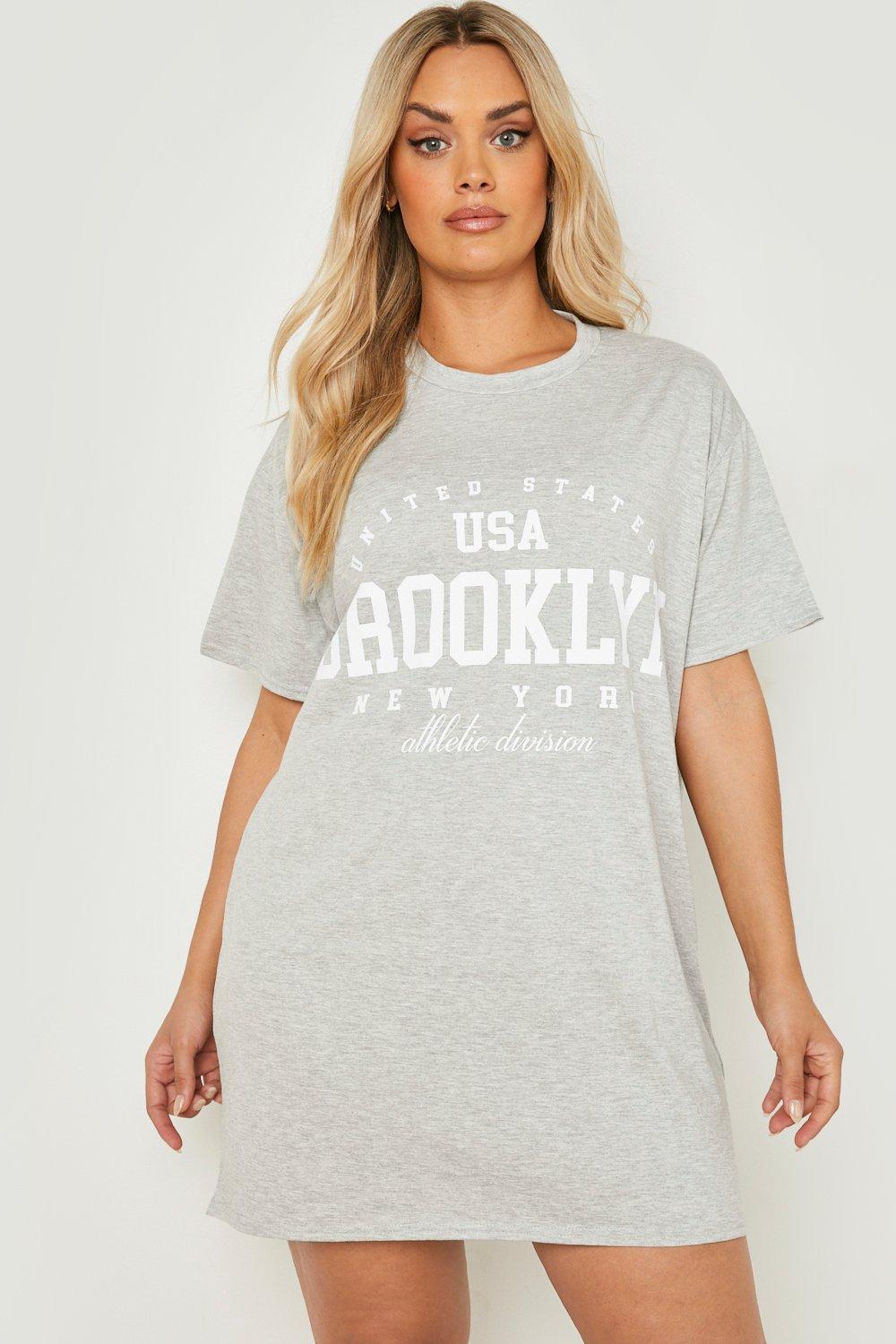 Plus Brooklyn Slogan Oversized T-Shirt Dress | boohoo USA