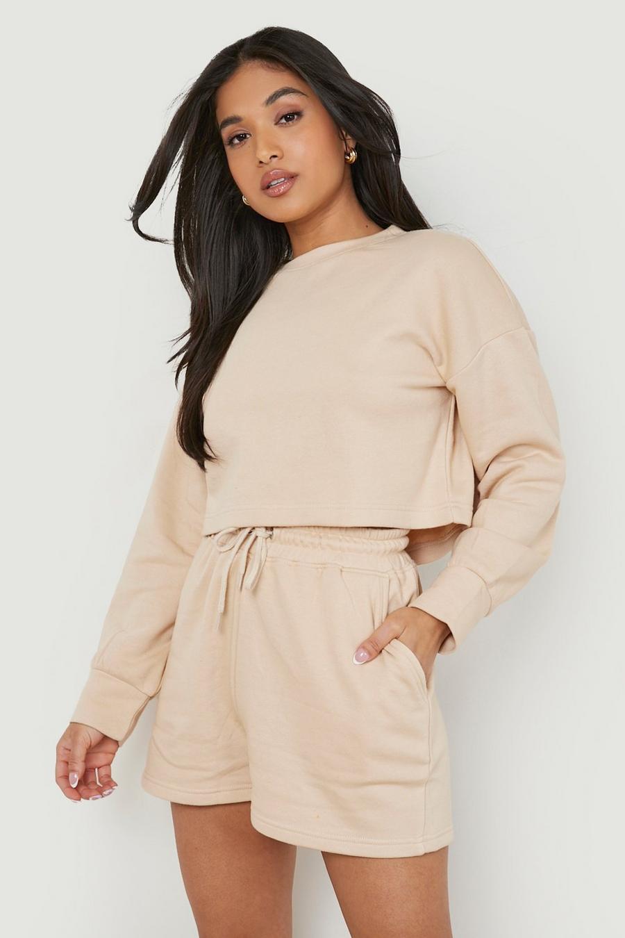 Sand beis Petite Crop Sweat And Pocket Short Tracksuit