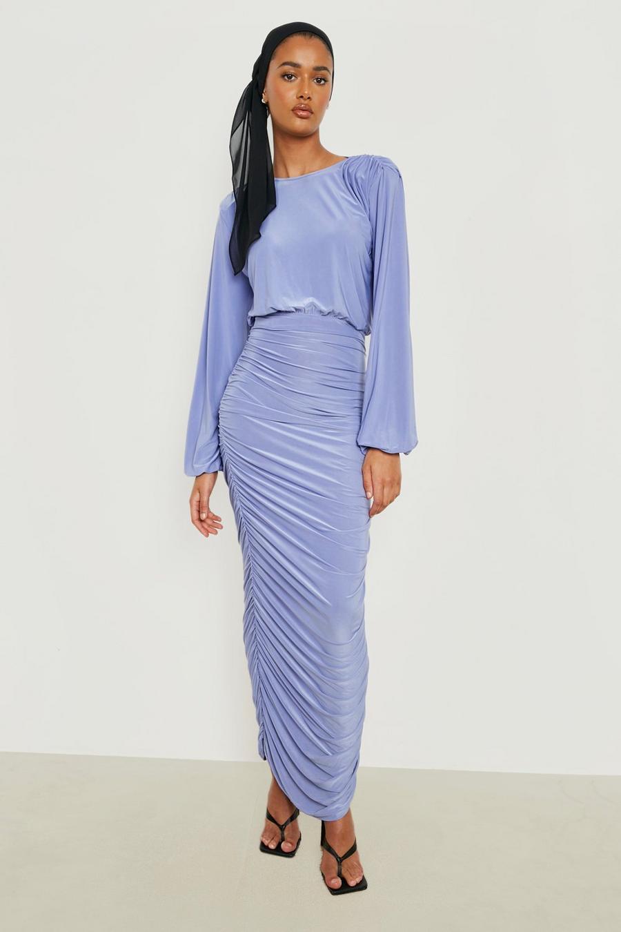 Lilac violet Double Slinky Shoulder Pad Ruched Maxi Dress