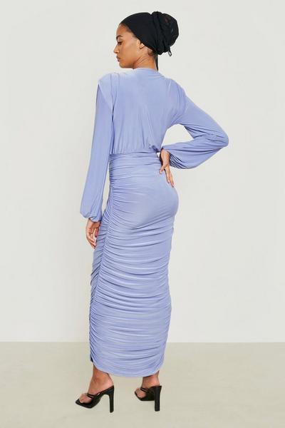 boohoo lilac Double Slinky Shoulder Pad Ruched Maxi Dress