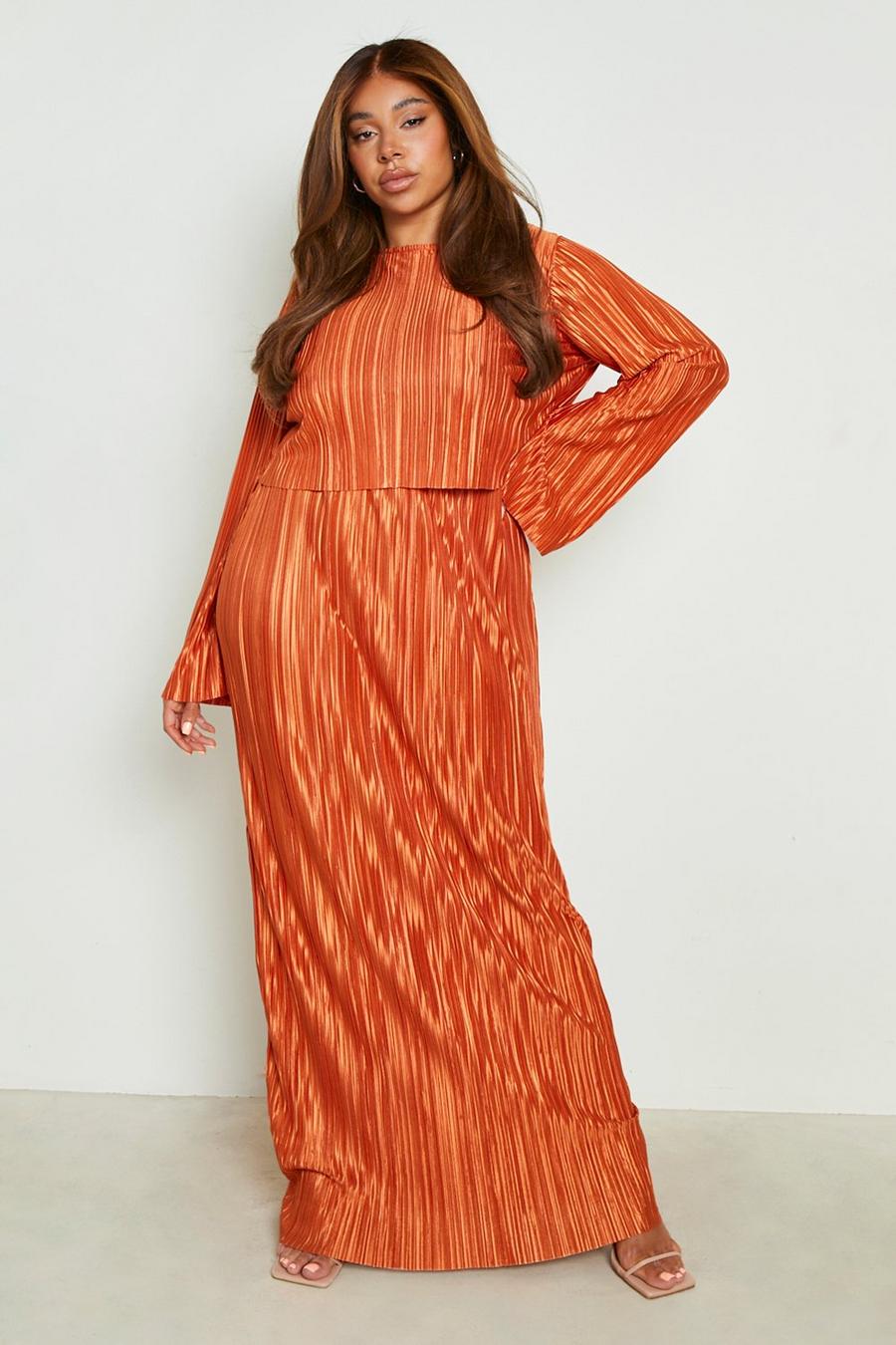 Rust orange Plus Plisse Maxi Skirt And Top Co-ord image number 1