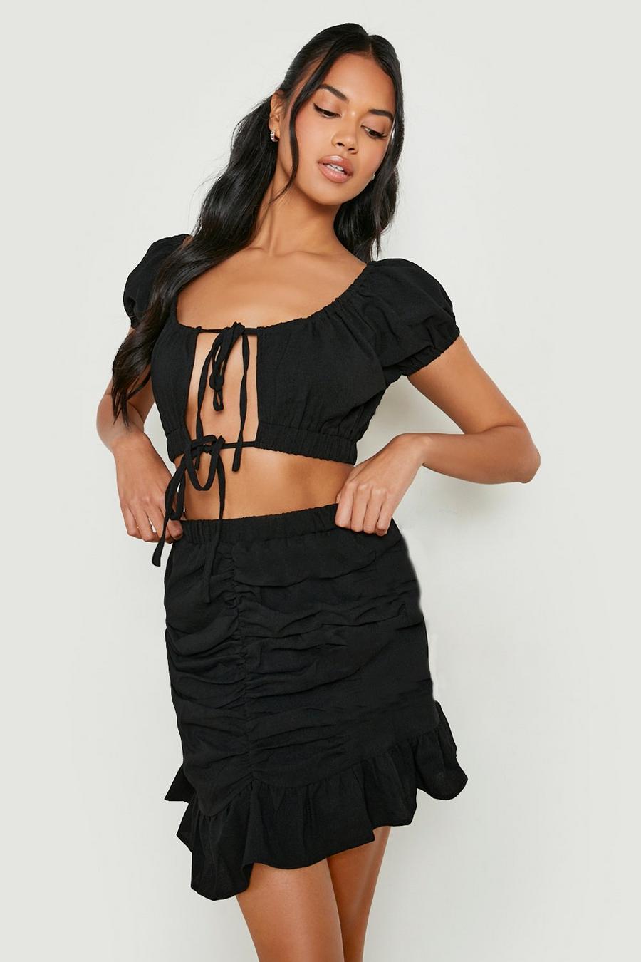 Black Textured Off The Shoulder Crop & Ruched Mini Skirt image number 1