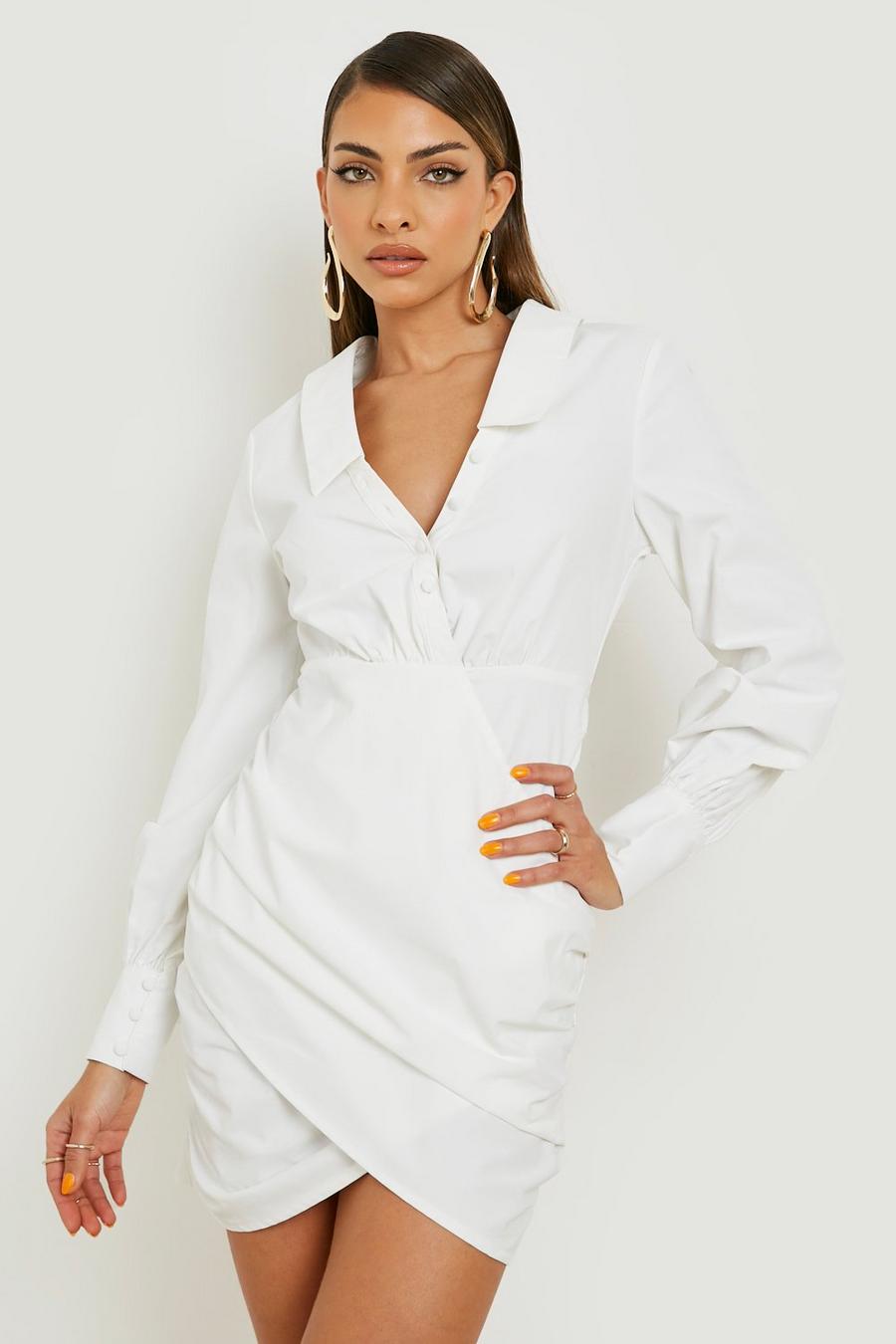 Ivory white Wrap Front Ruched Detail Tailored Shirt Dress
