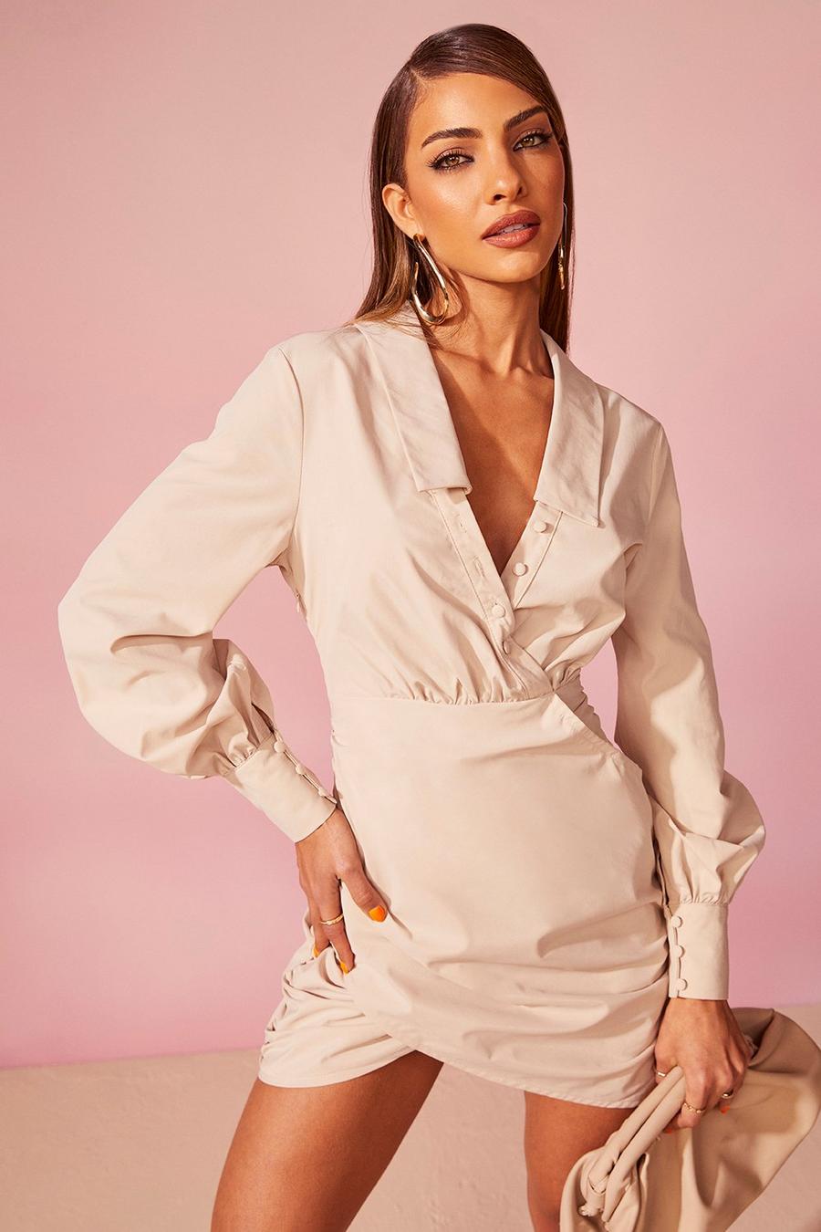 Sand Wrap Front Ruched Detail Tailored Shirt Dress image number 1