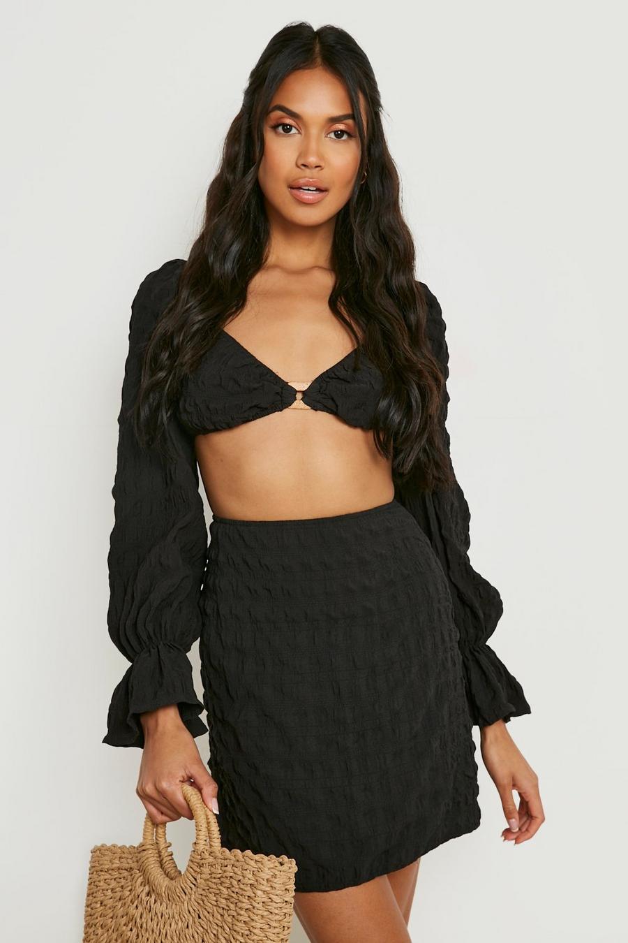 Black Textured Puff Sleeve Crop & Mini Skirt image number 1