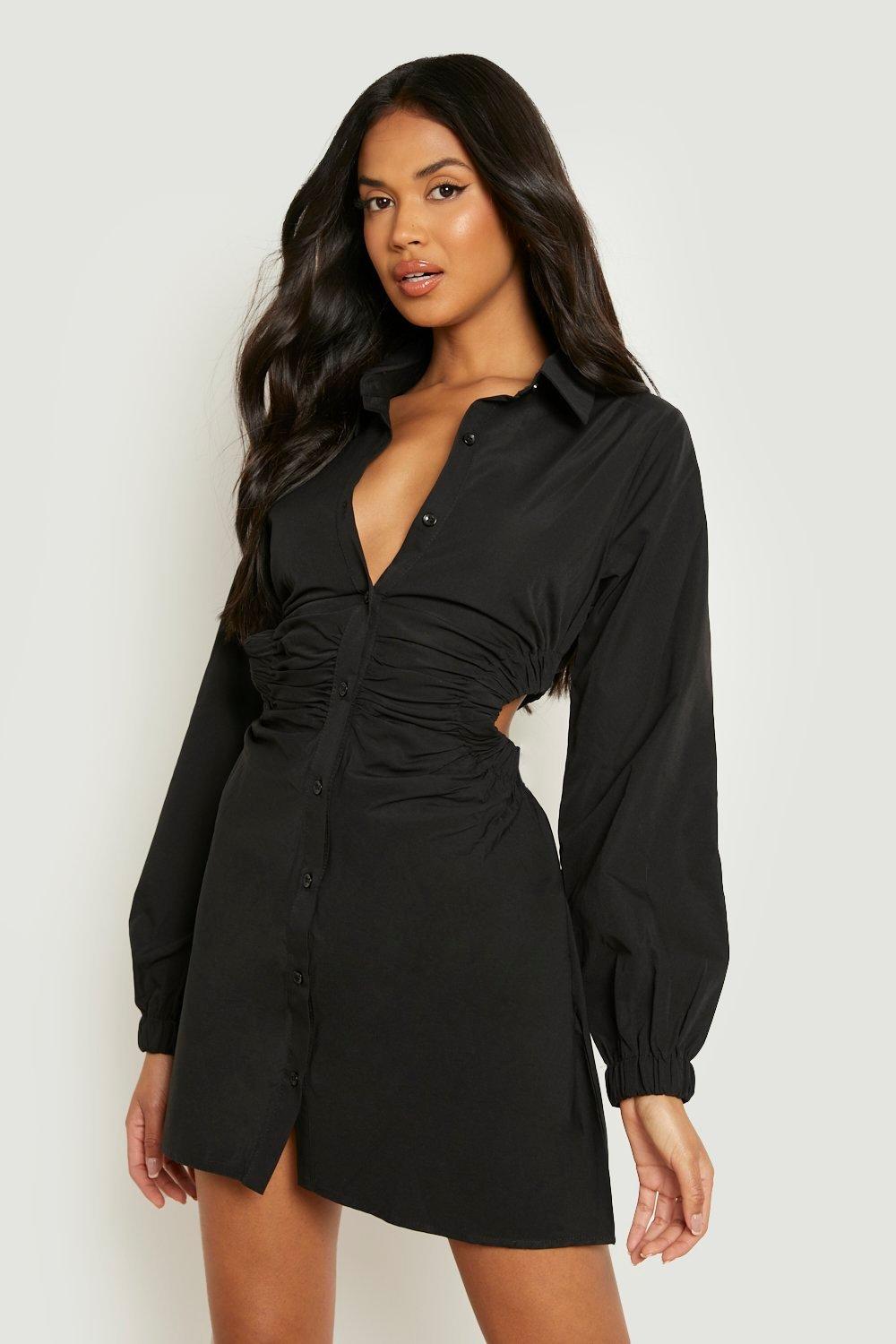 Ruched Open Side Puff Sleeve Shirt Dress boohoo USA