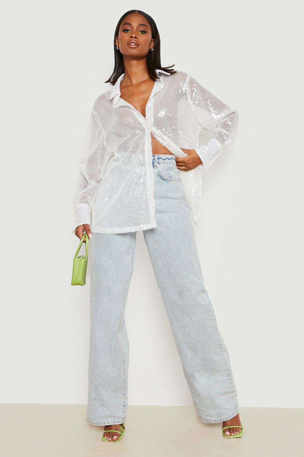 White Oversized Sheer Sequin Shirt