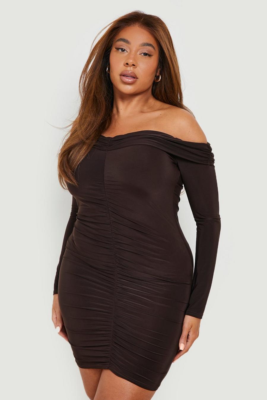 Chocolate Plus Slinky Off The Shoulder Ruched Mini Dress image number 1