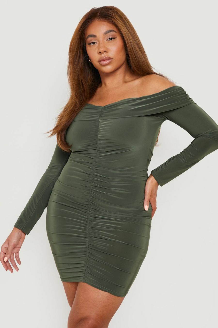 Olive green Plus Slinky Off The Shoulder Ruched Midi Dress