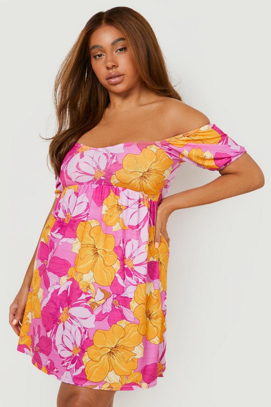 Vestido de verano Plus de flores con escote barco y mangas abullonadas, Pink image number 1